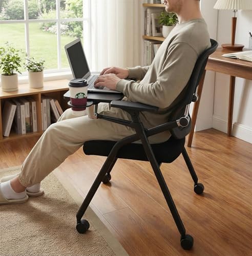 Updated Conference Room Chairs with Tablet Arm, Folding Office Desk Chair with Lumbar Support and Sliding Armrest with Casters, Stackable Office Guest Chairs & Reception Chairs, 1 Pack Black - color: Black With Tablet Arm, size: 1 Pack