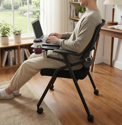 Updated Conference Room Chairs with Tablet Arm, Folding Office Desk Chair with Lumbar Support and Sliding Armrest with Casters, Stackable Office Guest Chairs & Reception Chairs, 1 Pack Black - color: Black With Tablet Arm, size: 1 Pack