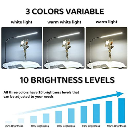 Desk Lamp with Clamp, 3 Modes 10 Brightness 360° Rotation Eye-Caring Reading Light,8W Long Flexible Gooseneck, Architect Task Lamp, USB Clamp Light for Home Office Manicure Reading - color: ‎Trichromatic Light