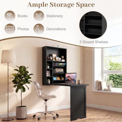 Tangkula Folding Wall Mounted Desk, Convertible Fold Out Floating Table with Storage Shelves, Space-Saving Drop Leaf Table, Murphy Desk for Craft, Study, Small Spaces, Home Office, Dorm, Black - color: Black
