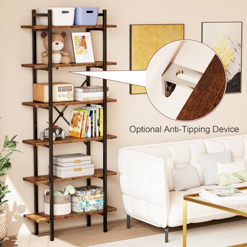6 Tiers Bookshelf Organizer Industrial Tall Shelving, Modern Open Bookcase - color: Rustic Brown, size: 6-Tiers