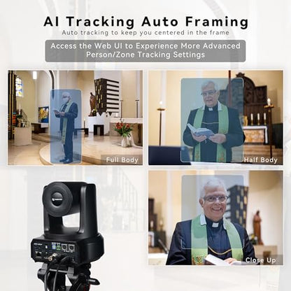 TONGVEO AI Auto-Tracking IP PTZ Camera SDI/HDMI/USB3.0/LAN PoE 30X Optical + 8X Digital Zoom 1080P 60fps for Live Streaming Church Services Education Video Conference with OBS vMix and More - color: Onyx