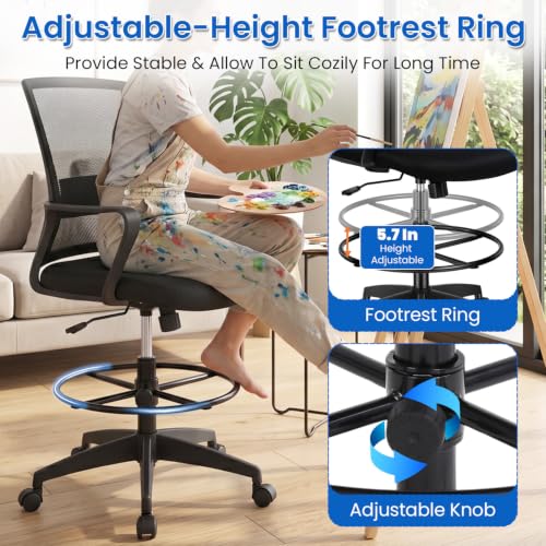 BestOffice Drafting Chair Tall Office Chair Adjustable Swivel Rolling Mesh Height with Lumbar Support Arms Footrest Mid Back for Adults Standing Desk Drafting Stool(Dark Black) - color: Dark Black