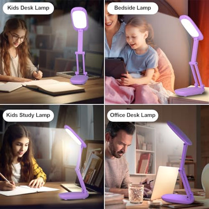 Akejrym LED Desk Lamp for Office Home & Battery Operated Lamp Rechargeable Lamp Foldable & Portable Light, [2-Fold Bracket] 3 Brightness Dimmable Small Desk Lamp Wireless Reading Lamp (Purple) - color: Purple