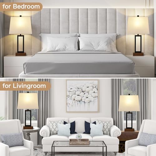 Lolikit Table Lamp for Bedroom Set of 2 with 2 USB Ports and AC Power Outlet, 23.5" Modern Bedside Lamp, Wood Nightstand Lamp with Linen Shade for Living Room Hotel Desk(LED Bulb Included) - color: Black