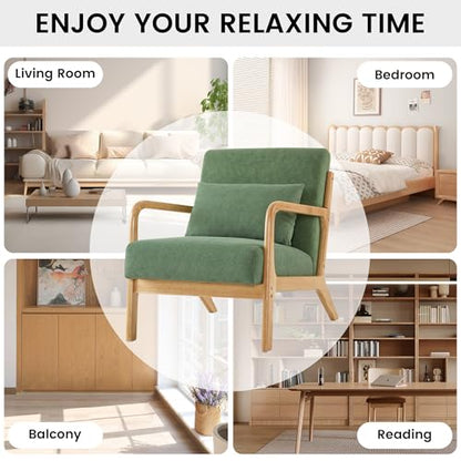 Mid Century Modern Accent Chair Set of 2, Upholstered Chair for Living Room, Accent Chair with Lumbar Pillow Solid Wood Frame Reading Chair Armchair for Bedroom Small Spaces, Green - color: Green