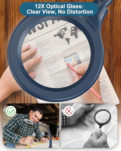 12X Magnifying Glass with Light and Stand, Real Glass, LED 5 Color Modes, Brightness Stepless Dimming Lighted Magnifier Hands Free, Flexible Gooseneck Desk Lamp with Clamp for Close Work, Craft, Blue - color: Blue