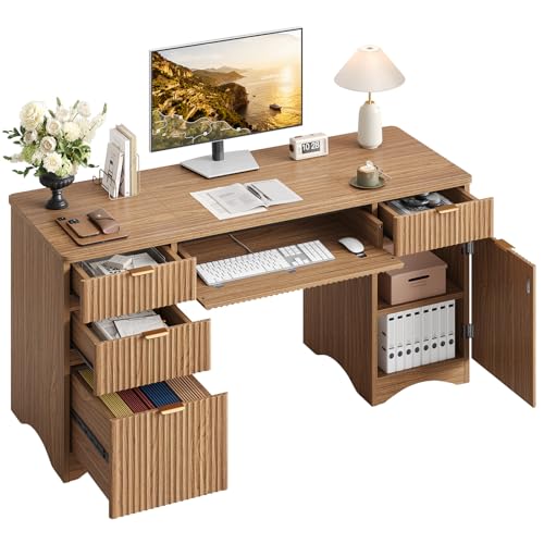 Bestier 63 Inch Fluted Executive Desk with Drawers, Wood Computer Desk with Ample File Drawer, Keyboard Tray & Storage Cabinet, Modern Home Office Desk for Study, Bedroom, Living Room, Brown - color: Rustic Brown, size: 63 Inch