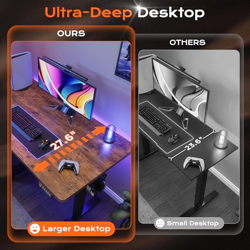 Huuger 48 x 28 Large Electric Standing Desk, Height Adjustable Desk, 27.6" Deep Desktop, Stand up Gaming, 2 Hooks, 3 Preset Heights, for Home Office, Rustic Brown - color: Rustic Brown, size: 48*28 inch (no outlets)
