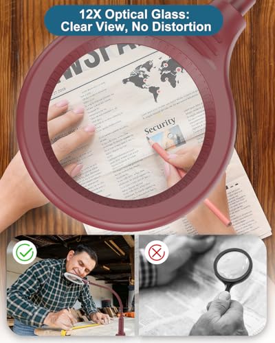 12X Magnifying Glass with Light and Stand, Real Glass, LED 5 Color Modes, Brightness Stepless Dimming Lighted Magnifier Hands Free, Flexible Gooseneck Desk Lamp with Clamp for Close Work, Craft, Red - color: Red