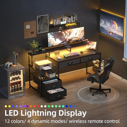 MUTUN 53" Computer Desk with 4 Drawers & Power Outlets, Reversible Home Office Desk with Monitor Stand & Printer Stand, Gaming Desk with Led Lights, Study Writing Work Desk Table for Bedroom (Black) - color: Black