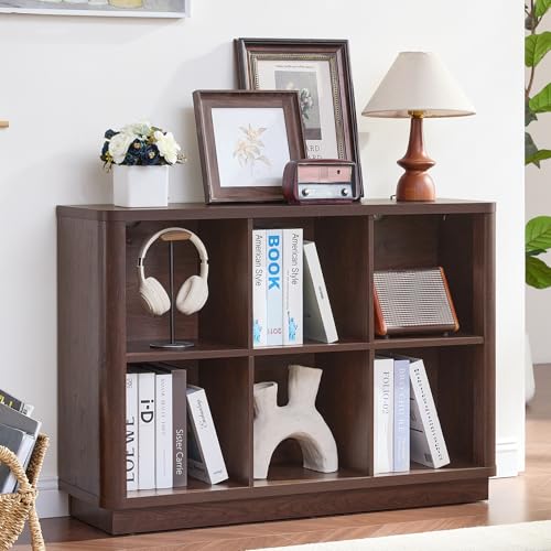 Joaxswe 6 Cube Bookcase, 40" Wide Low Horizontal Book Shelf w/Curved Edge, Wood Floor Standing 2-Tier Bookshelf with Base, Modern Short Storage Organizer for Bedroom,Office, Walnut - color: Walnut, size: 6 Cube (11.81"D x 40.5"W x 28.6"H)