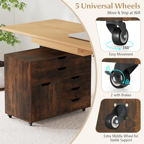 MAT EXPERT 5-Drawer Mobile File Cabinet w/Door, Lateral Filing Cabinet w/5 Universal Wheels, Rolling File Cabinets with Storage, Modern Wood Printer Stand for Home Office, Living Room (Rustic Brown) - color: Rustic Brown