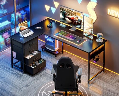 AODK 53" L Shaped Gaming Desk with 4 Drawers and Power Outlets, Black - color: Black, size: 53 Inch