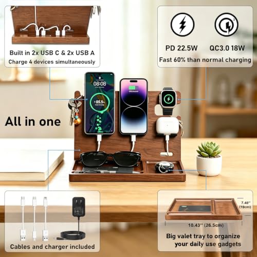 Wood Phone Docking Station with 4 USB Outputs Nightstand Organizer for Men - color: Walnut color