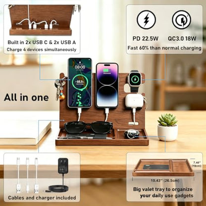 Wood Phone Docking Station with 4 USB Outputs Nightstand Organizer for Men - color: Walnut color