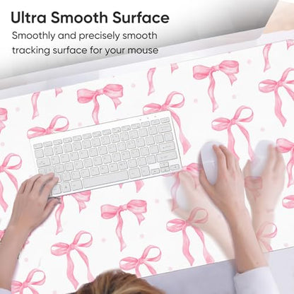 Desk Mat, XXL Large Mouse Pad,Leather Desk Pad Blotter Protector,Computer Laptop Mouse Pads for Desktop,Waterproof Writing Anti-Slip Mousepad for Office and Home I Pink Bow Girly - color: Pink Bow Girly