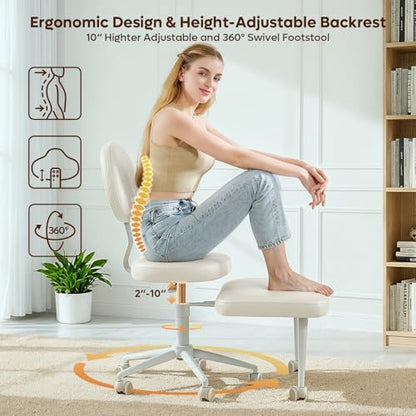 Cross Legged Office Chair with Wheels for ADHD, Ergonomic 360° Swivel Height-Adjustable Meditation Chair for Yoga, Kneeling Chair with 4 inch seat Cushion and Lumbar Support, PU Leather, Off White - color: Off White-pu-mountain