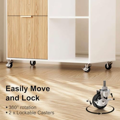 3 Drawer Fluted Mobile Filing Cabinet with Lock, Lateral Rolling Under Desk File Cabinet, Wooden Printer Stand Table for Home Office Essentials Storage Organization Furniture Letters/A4(Oak) - color: Oak-white