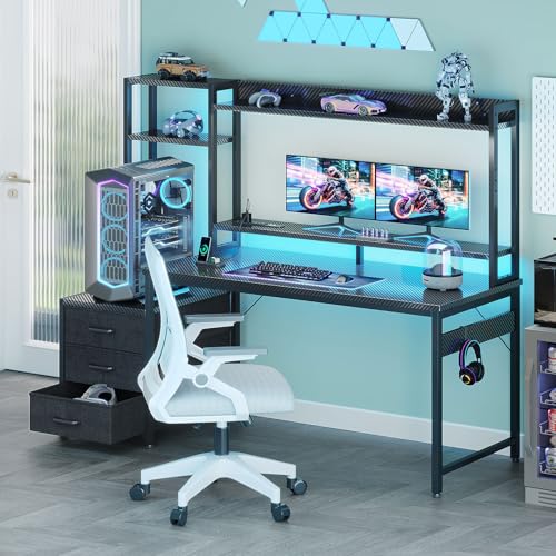 Casaottima 55 Inch Gaming Desk with Hutch & LED Lights & PC Tower Stand | Reversible PC Desk with 3 Fabric Drawers & Power Outlets, Computer Desk with Shelves for Display, Carbon Fiber Black - size: 55 inch