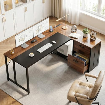 AODK 61" L Shaped Office Desk, Wood Drawers & Lockable File Cabinet, Walnut | Reversible, 21.7" Deep Desktop, 3 Outlets & 2 USB Ports, Engineered Wood & Steel Frame, Legal Storage - size: 61 Inch