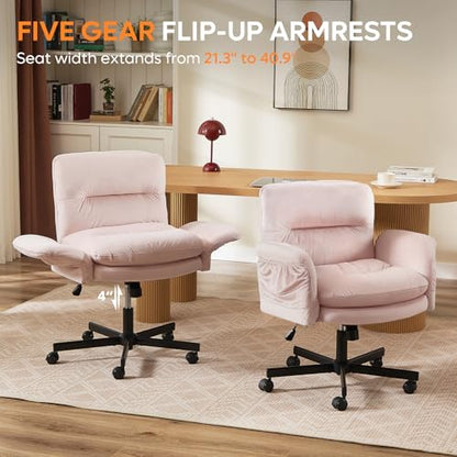 Bestier Velvet Vanity Chair with Flip-Up Arms, Swivel Makeup Chair Pink | Comfy Cross-Legged Computer Chair with Wheels 2 Side Pockets for Home Office Gaming, Bedroom - color: Pink Velvet, size: Low Back