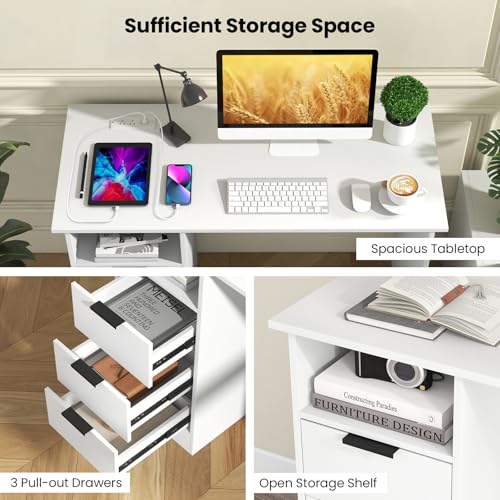 Tangkula White Desk with 3 Drawers & Charge Station, Home Office Desk with Open Shelf, Study Writing Desk, PC Desk Computer Workstation, Modern Computer Desk for Bedroom, Study - size: 42.5" x 19"