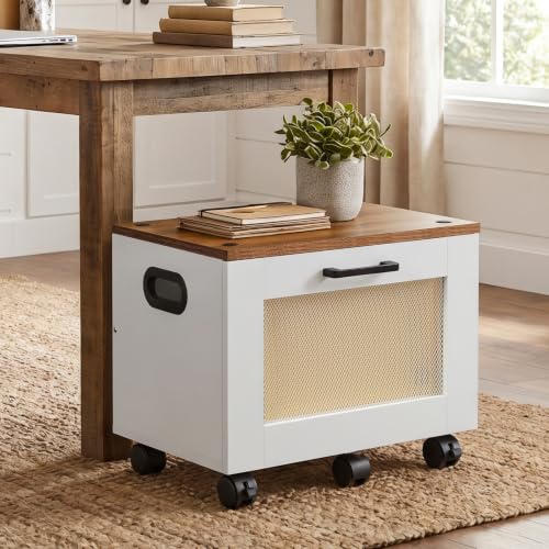 HOOBRO File Cabinet, Rolling File Cart, Under Desk Small Filing Cabinet, File Organizer Box, Home Office File Basket with Drawer for A4, Letter Files, White and Walnut WH11WJ01G1 - color: White + Walnut