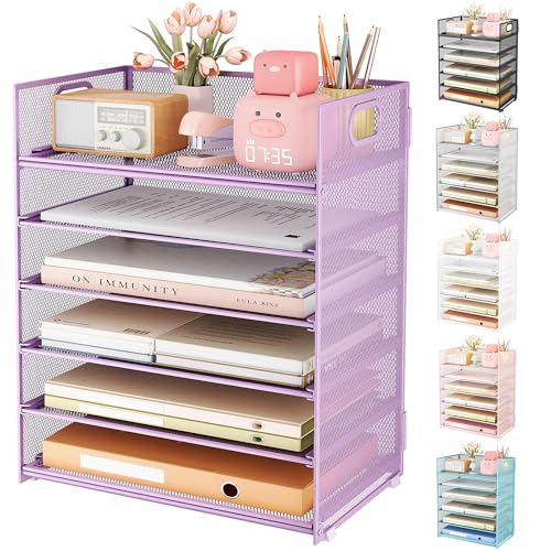 Subekyu 6 Tier Paper File Tray Organizer for Desk, Purple Mesh Desk Letter Paper File Folder Accessories Sorter Organizer with Handle, Stackable Slide Tray for Office, Home or School Supplies Storage - color: Purple