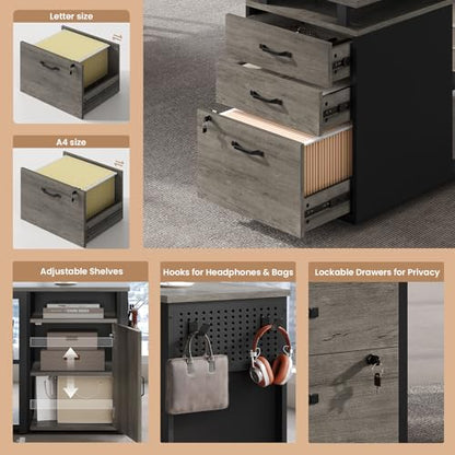 78" Executive Desk with Lockable File Cabinet, L Shaped Office Desk with Power Outlets, Large Executive Desk with Drawers and Storage Shelves , Reversible Computer Desk with Privacy Screen, Grey - color: Grey
