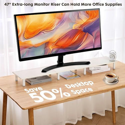 La Jaco 47 Inch Extra-Long Dual Monitor Stand Riser for 2 Monitors, Desk Shelf TV Riser Blocks, Wood and Steel Desktop Riser for Computer, Laptop, Printer, Home Office Organization, White