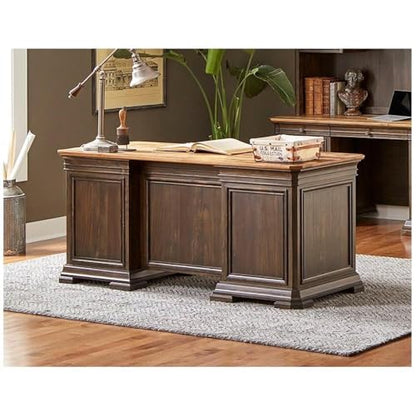 Pemberly Row Executive Desk, 60”W x 28”D x 30”H, Solid Wood Plank Top, Brown Finish, Double Pedestal Design, Dropfront Keyboard Drawer, Locking File Drawers, Antique Bronze Hardware, Home Office Desk