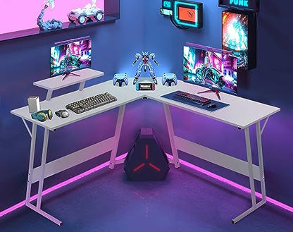 Gaming Desk L Shaped Desk, 50.4” Large Desk Computer Desk with Shelves & Carbon Fiber Desktop, Wood Desk Table Computer Table Writing Desk Work Desk pc desk for Bedroom Office Dorm Small Space, White - color: White