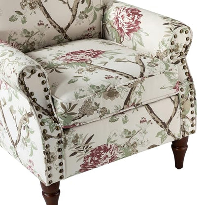 HULALA HOME Traditional Floral Accent Chair with Wood Legs, Black | Comfy Upholstered Armchair Reading Chair with Rolled Armrests, Nailhead Trim, Removable Cushion, for Living Room Bedroom - color: Floral