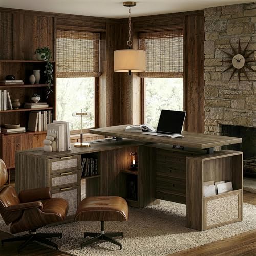 63 Inches L Shaped Electric Standing Desk, Executive Height Adjustable Desk with Drawers and File Cabinet, AC/USB, 1.18" Desktop and Privacy Panel for Home Office, Natural Oak - color: Natural Oak