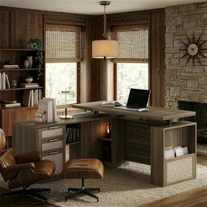 63 Inches L Shaped Electric Standing Desk, Executive Height Adjustable Desk with Drawers and File Cabinet, AC/USB, 1.18" Desktop and Privacy Panel for Home Office, Natural Oak - color: Natural Oak