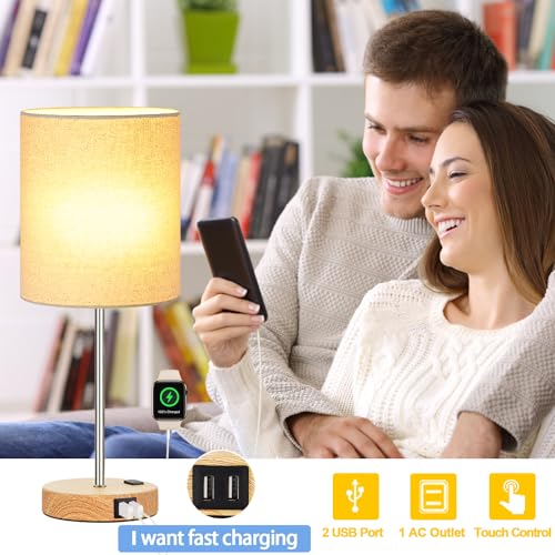Lynnoland Set of 2 Touch Wood Table Lamps, Bedroom Lamps with 2 USB AC Outlet, 3-Way Dimmable Bedside Nightstand Lamps for Bedroom Living Room Nursery, 800 Lumens 2700K Bulbs Included - color: Cream & Wood (Base) - 2700K