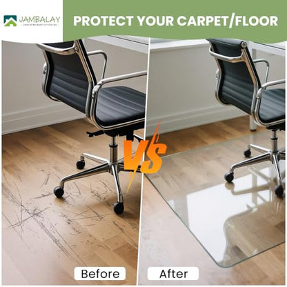 JAMBALAY Irregular Tempered Glass Chair Mat with Lip, 53"x45" Heavy Duty Glass Floor Mat for Carpet/Hard Floors, Carpet Office Chair Mats with Anti-Slip Pads, Thick 0.2″, Clear - size: 53"x45"-With Lip
