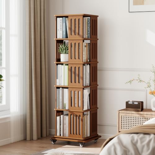 Baoz 60" Tall Rotating Bookshelf Tower, 5 Tier Walnut Spinning Bookcase