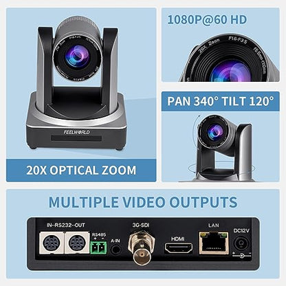 FEELWORLD POE20X 1080p 20X Optical Zoom 3G SDI HDMI IP PoE PTZ Camera | Low Light Correction, Auto Focus for Live Streaming Church Business Education Medical Conference Room Camera System - size: POE20X