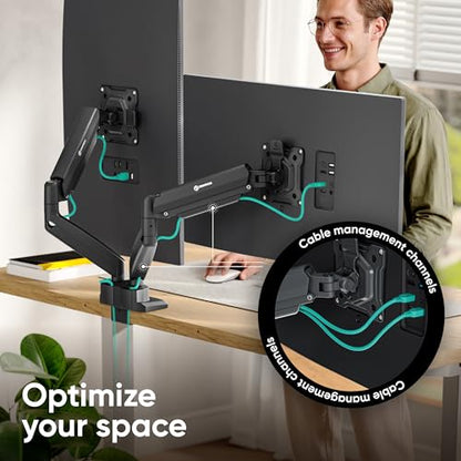 ONKRON Dual Monitor Arm 13-32 Inch, 22 lbs (x2), max VESA 100x100, Black | Double monitor desk mount with 20" extension, gas spring, swivel, tilt, rotation; Clamp or grommet mount for office & gaming