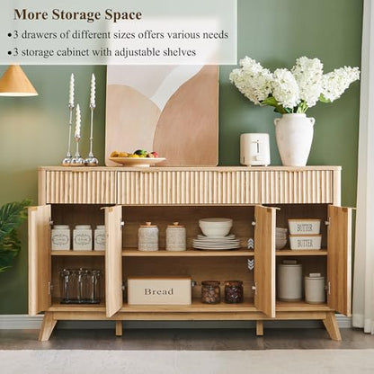 T4TREAM 60 Inch Fluted Buffet Sideboard Cabinet, Natural Oak | Modern Coffee Bar Storage Cabinet With 3 Drawers, for Dining Room, Living Room, Hallway, Oak Wood Grain, Adjustable shelves - color: Natural Oak