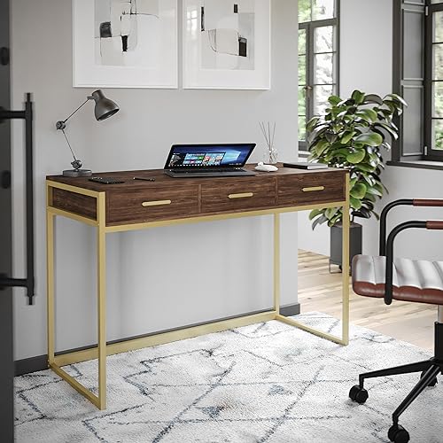 Martha Stewart Ollie Home Office Desk with 3 Drawers in Walnut Wood Grain with Polished Brass Hardware - color: Walnut Top/Polished Brass Frame