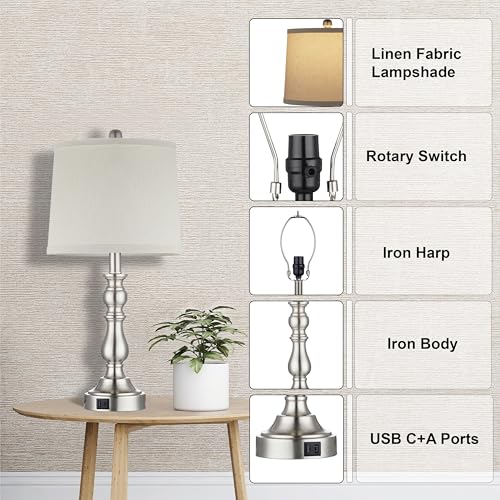 23'' Table Lamps Set of 2, Silver Lamps for Bedroom, USB C+A Ports - color: C.Light Oat, Silver