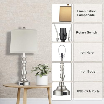 23'' Table Lamps Set of 2, Silver Lamps for Bedroom, USB C+A Ports - color: C.Light Oat, Silver