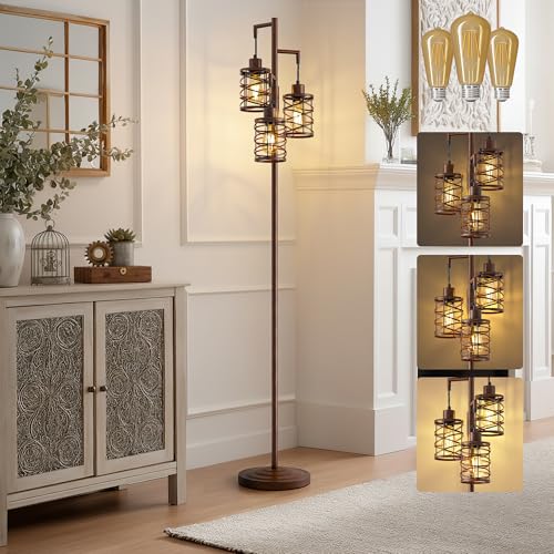 BOBOMOMO 70" Farmhouse Dimmable Floor Lamp, Walnut Brown Industrial Metal Cage Standing Lamp with 3 LED Bulbs, Stepless Dimming Tall Tree Lamp for Living Room, Bedroom, Office, Corner - color: Walnut Brown
