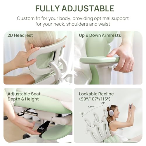 CabLady S1 High Back Ergonomic Mesh Office Chair with Footrest, 300 lbs | 115° Recline Lock, Adjust Seat Depth, 2D Arms, 3D Headrest, Detachable Lumbar Support, Breathable Mesh, BIFMA, Green - color: Butterfly Green