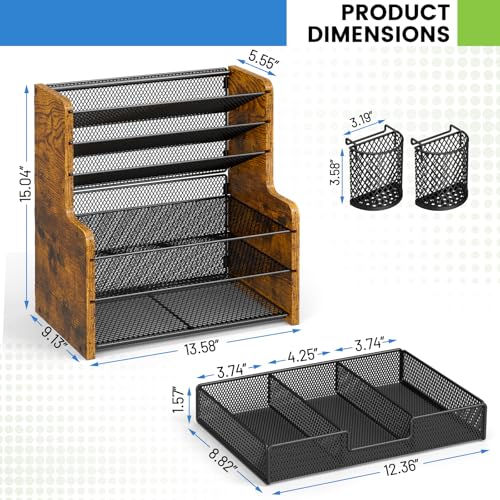 DAOUTIME 6-Tier Mesh Desk Organizer with Drawer, Wooden Office Organizer for Papers, Folders & Office Supplies - Sturdy Desktop File Holder with 2 Pen Holders - Space Saving Home Office Accessories