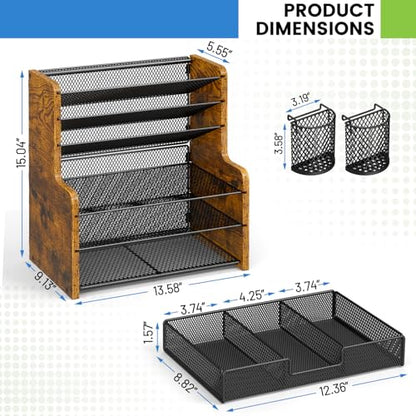 DAOUTIME 6-Tier Mesh Desk Organizer with Drawer, Wooden Office Organizer for Papers, Folders & Office Supplies - Sturdy Desktop File Holder with 2 Pen Holders - Space Saving Home Office Accessories