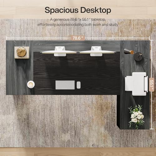 Tribesigns 78" L Shaped Executive Desk with Drawers, Large Office Computer Desk with Cabinet and Storage Shelves, Modern Business Furniture Sets Workstation for Home Office (Gray&Black) - color: Gray&black
